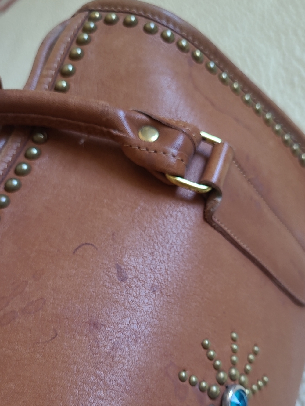 Coach Tan Leather Satchel with Turquoise Sunburst Accent - Picture 8 of 16